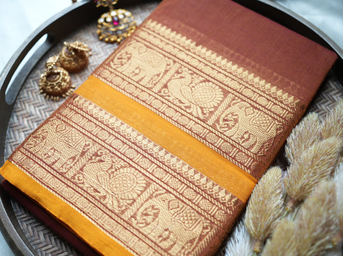 🧱 Terracotta Rust & Mustard Yellow Kanchi Cotton Saree with Elephant & Peacock Zari Border ✨🐘🦚 - SAROYA