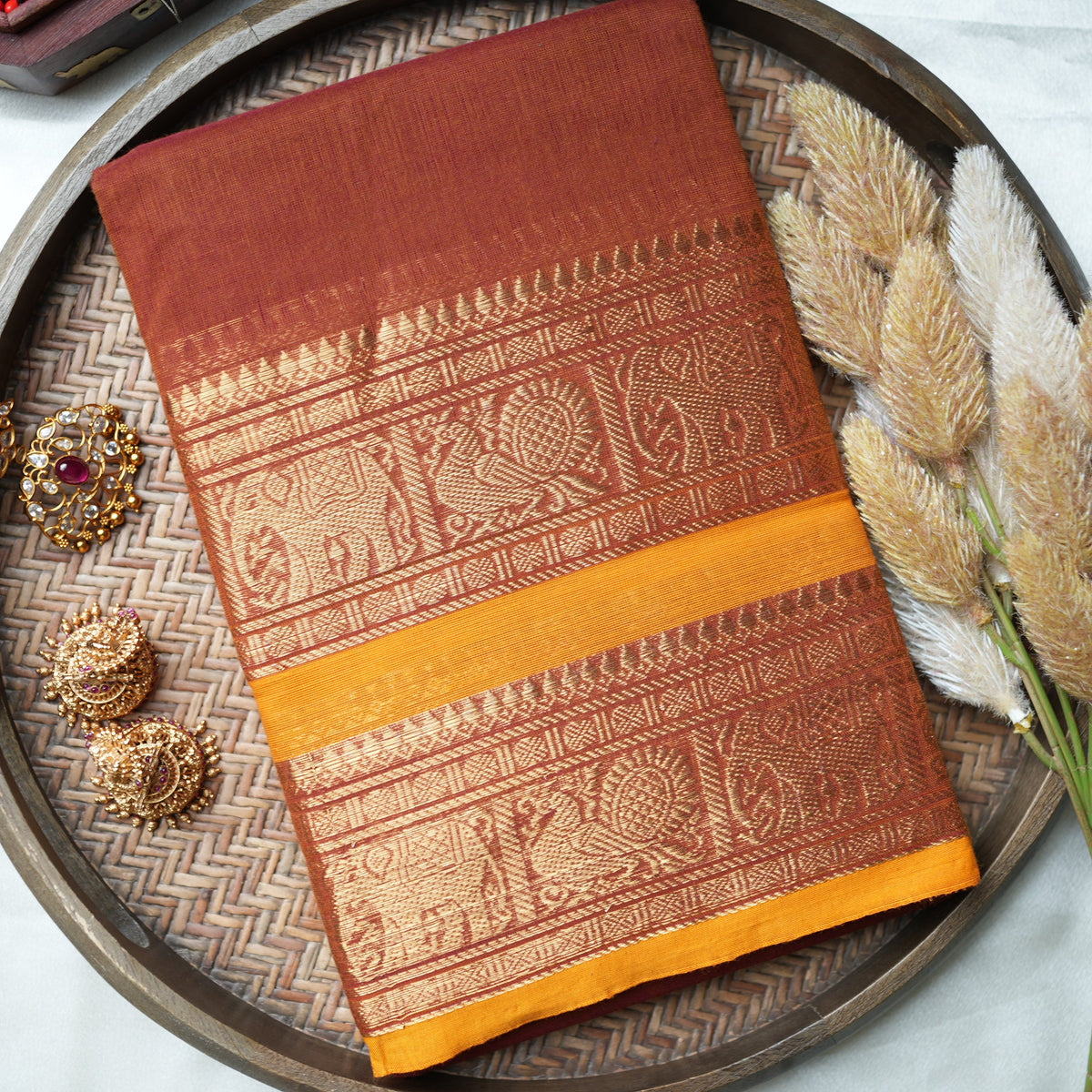 🧱 Terracotta Rust & Mustard Yellow Kanchi Cotton Saree with Elephant & Peacock Zari Border ✨🐘🦚 - SAROYA