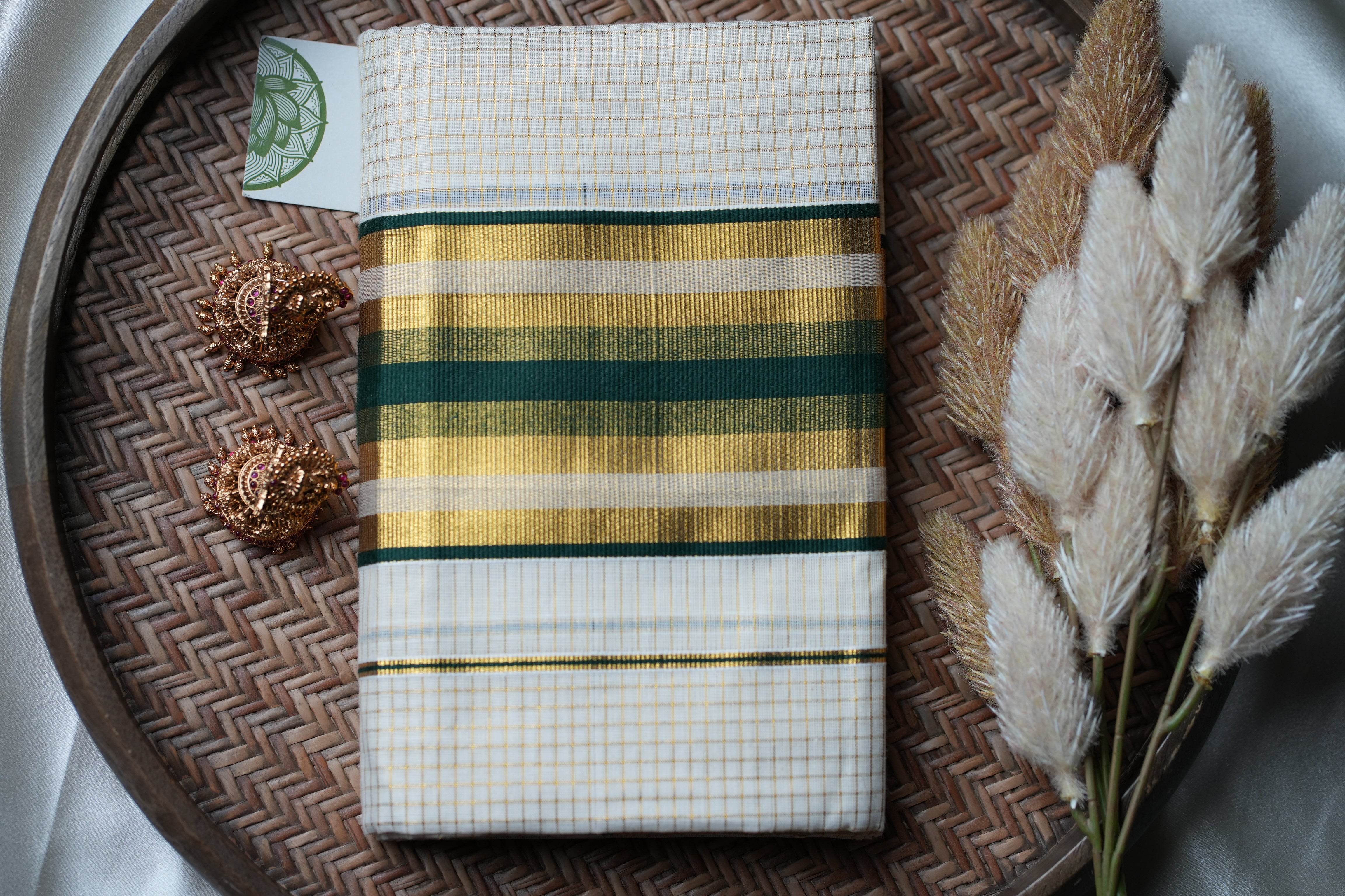 Timeless Heritage: Premium Kerala Set Mundu with Gold Check Body and Deep Bottle Green Stripes - SAROYA