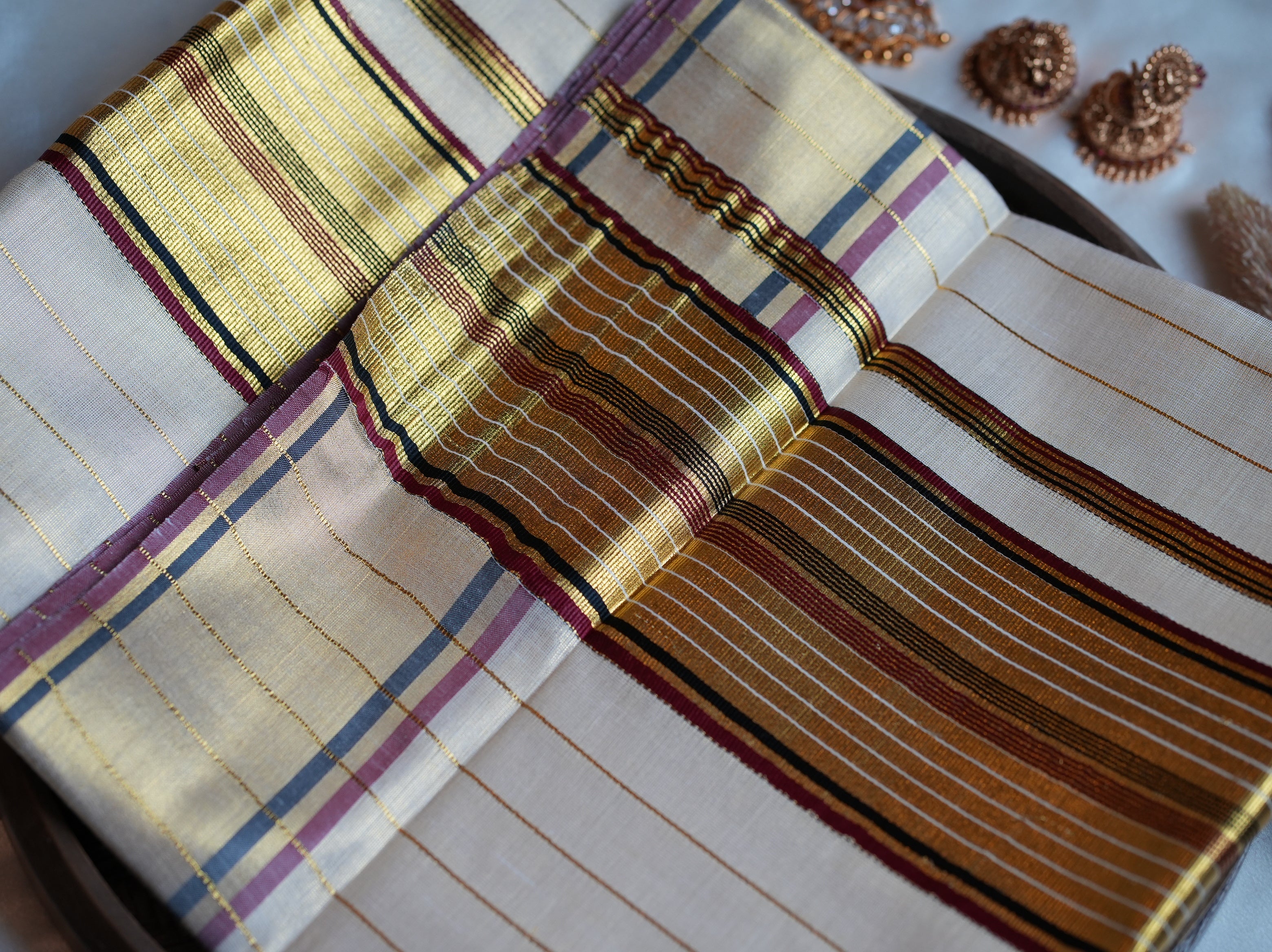 ✨ Tissue Kerala Saree with Maroon & Black Striped Kasavu Border ✨ - SAROYA