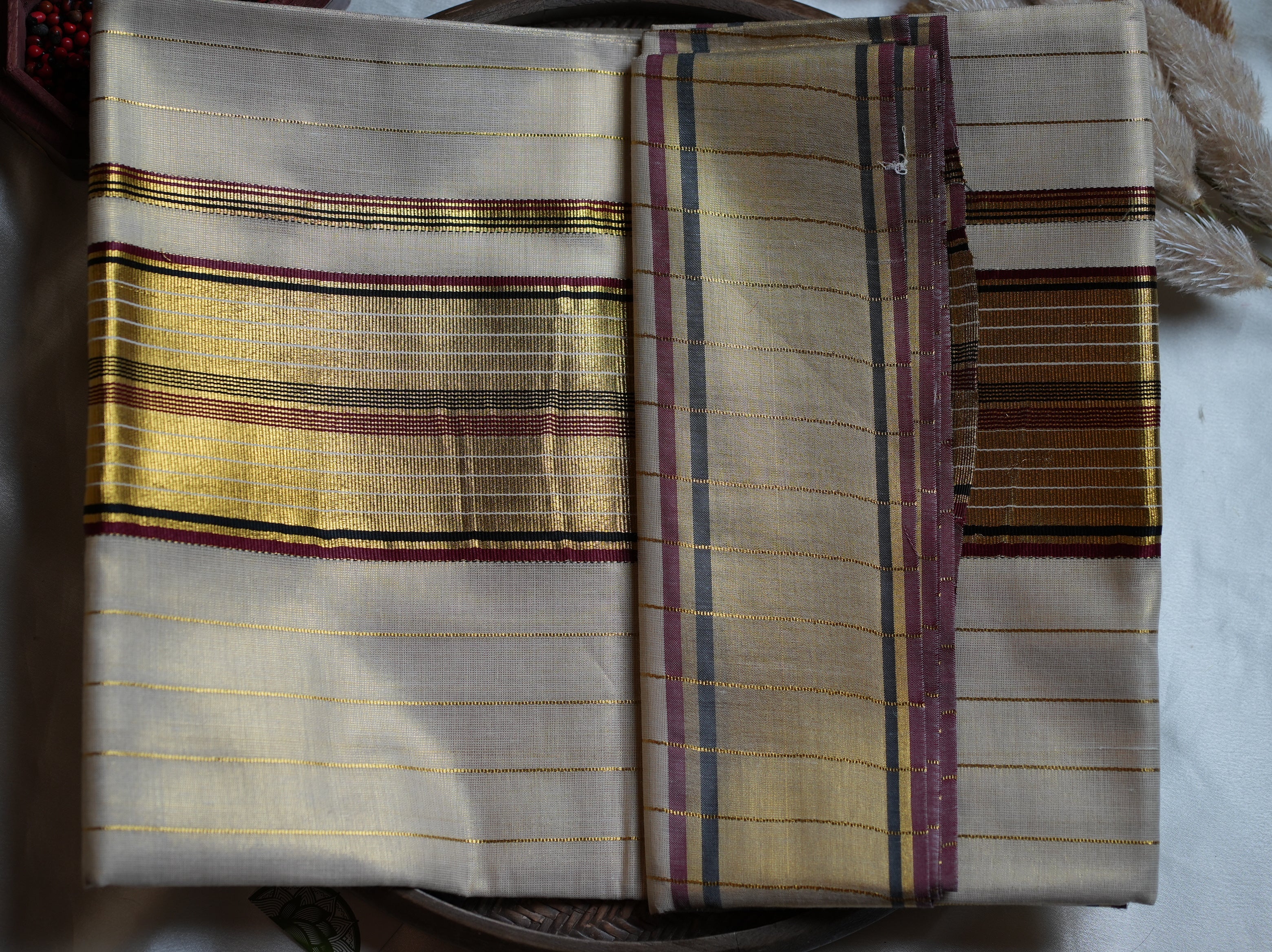✨ Tissue Kerala Saree with Maroon & Black Striped Kasavu Border ✨ - SAROYA