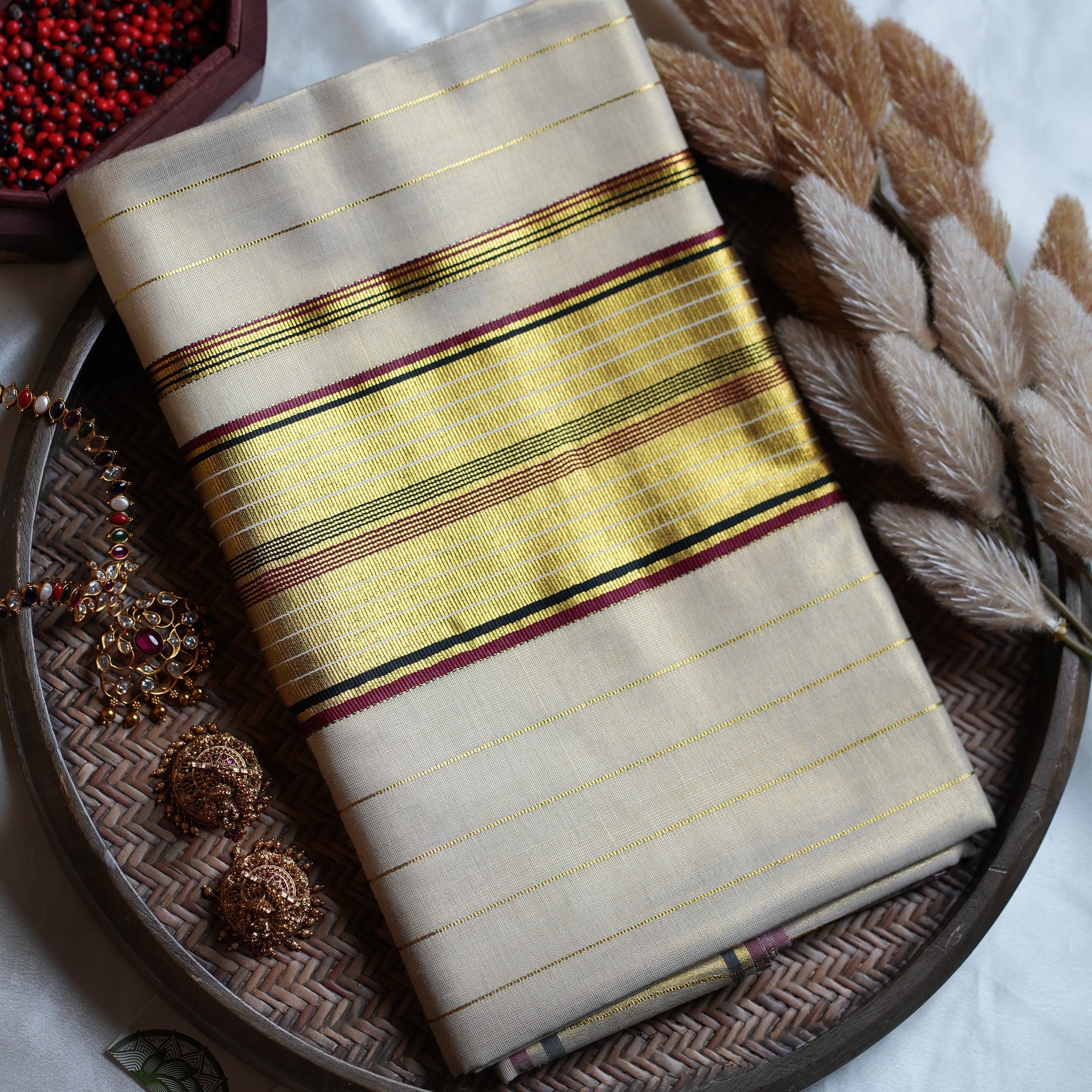 ✨ Tissue Kerala Saree with Maroon & Black Striped Kasavu Border ✨ - SAROYA