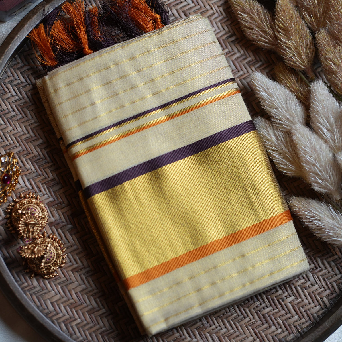 ✨ Tissue Kerala Set Mundu with Gold Zari, Plum & Rust Orange Border 👑 - SAROYA