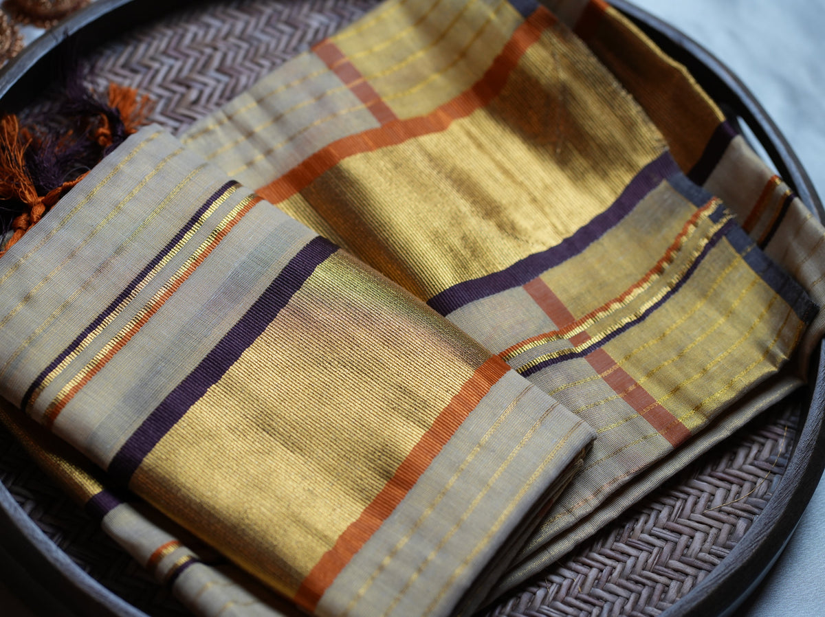 ✨ Tissue Kerala Set Mundu with Gold Zari, Plum & Rust Orange Border 👑 - SAROYA