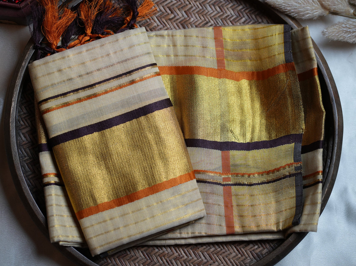 ✨ Tissue Kerala Set Mundu with Gold Zari, Plum & Rust Orange Border 👑 - SAROYA