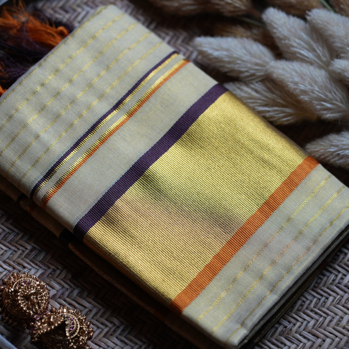 ✨ Tissue Kerala Set Mundu with Gold Zari, Plum & Rust Orange Border 👑 - SAROYA