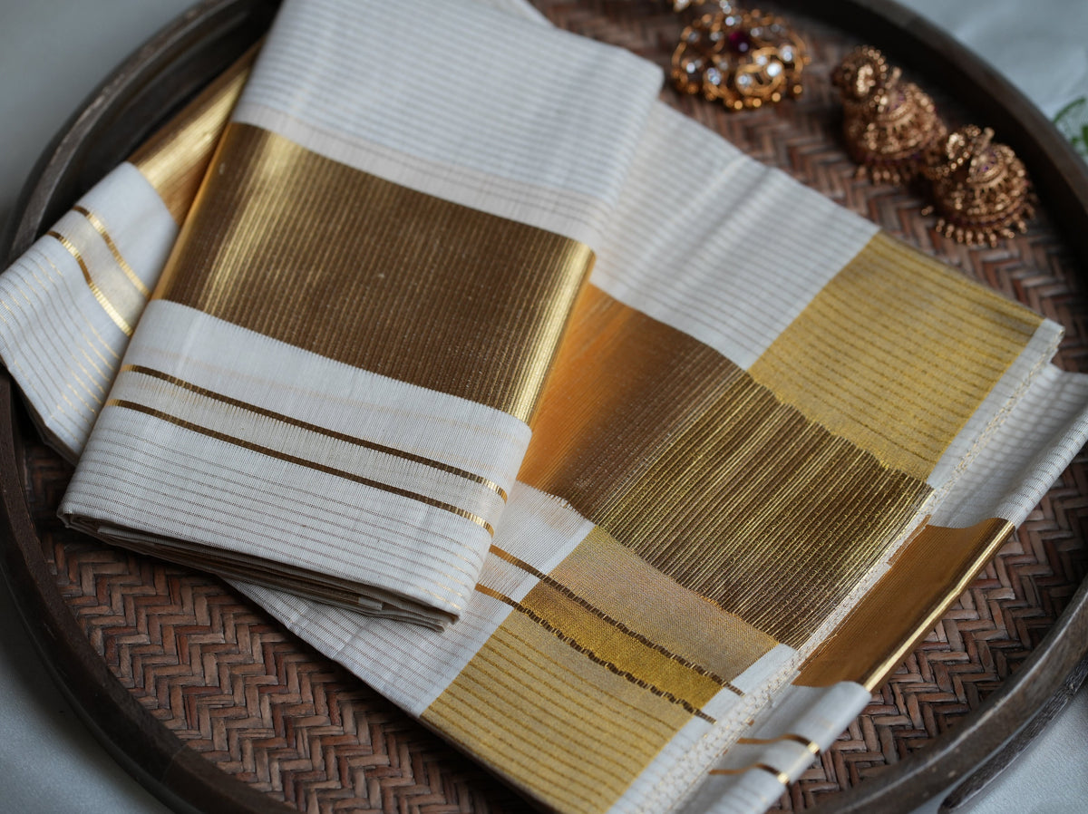 Traditional Off-White Kerala Set Mundu with Wide Golden Kasavu Border - SAROYA