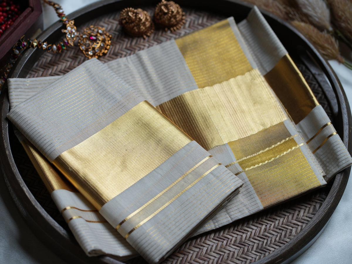 Traditional Off-White Kerala Set Mundu with Wide Golden Kasavu Border - SAROYA