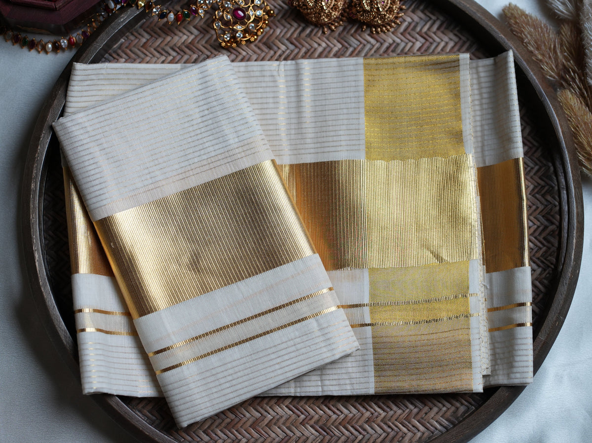 Traditional Off-White Kerala Set Mundu with Wide Golden Kasavu Border - SAROYA