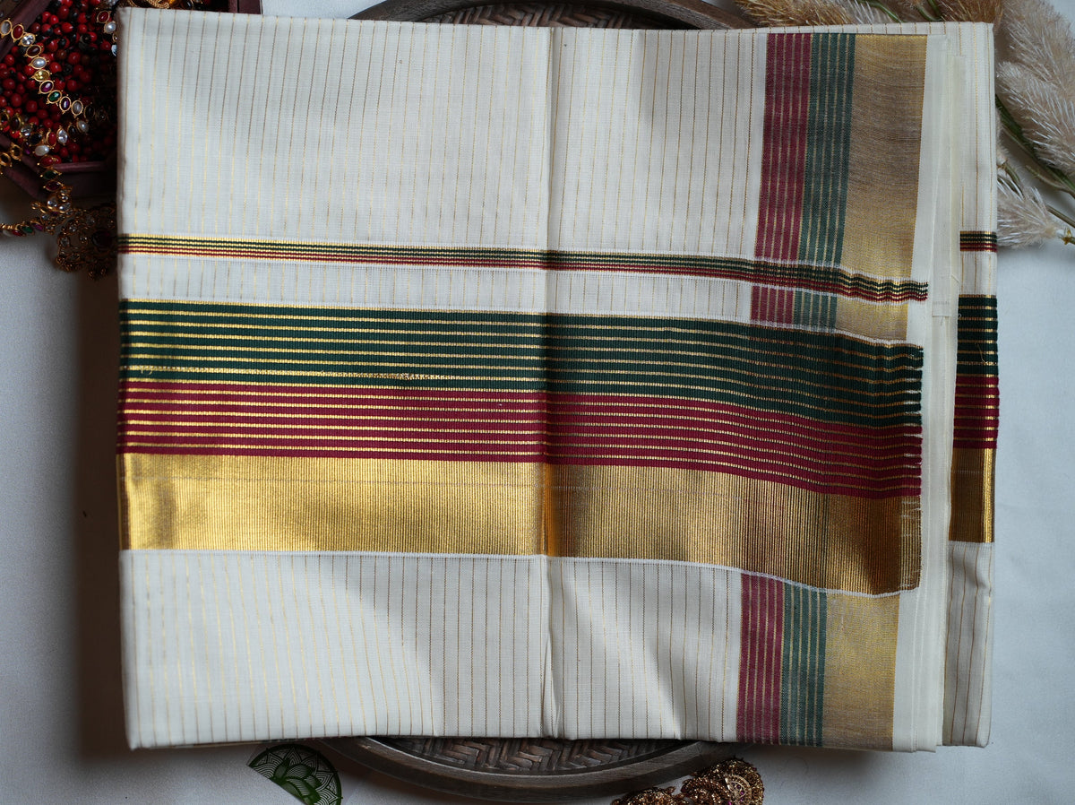 🌺 Tri-Tone Kasavu Stripes Cotton Kerala Saree ✨ - SAROYA