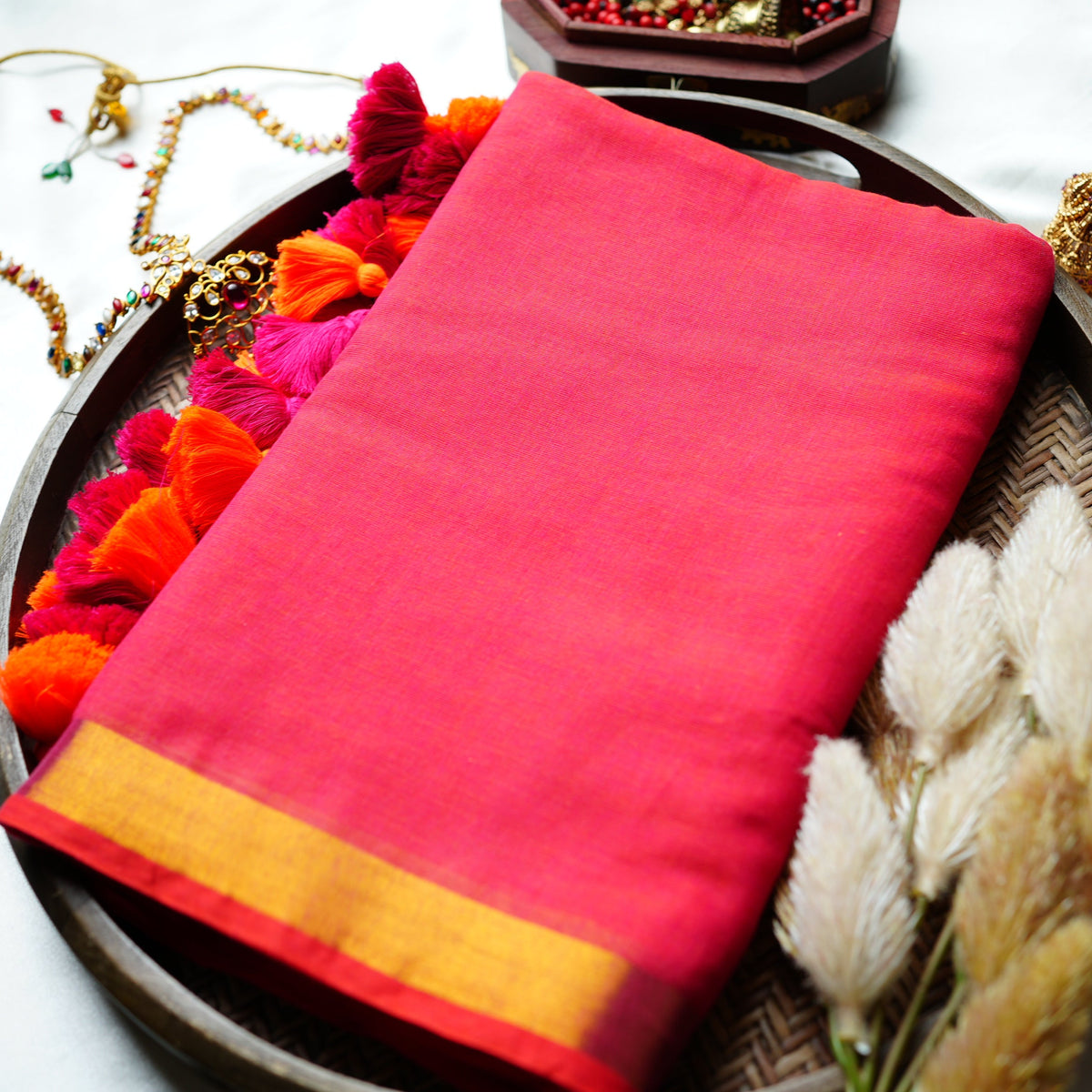 💕 Vibrant Coral Pink Pure Mul Cotton Saree with Gold Zari Border & Dual Tassels ✨🧡 - SAROYA
