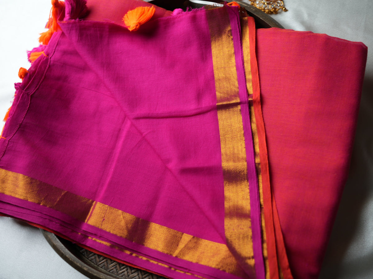 💕 Vibrant Coral Pink Pure Mul Cotton Saree with Gold Zari Border & Dual Tassels ✨🧡 - SAROYA