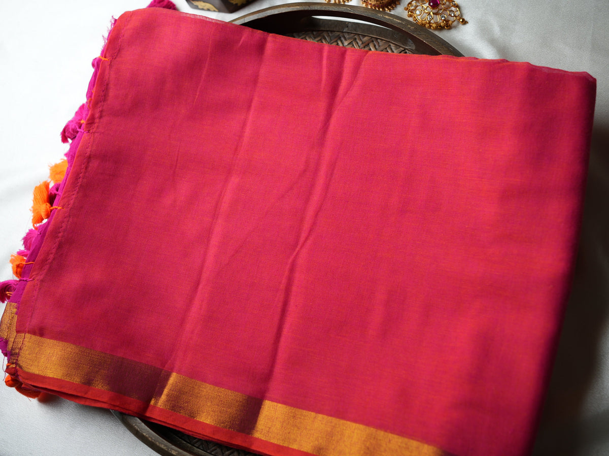 💕 Vibrant Coral Pink Pure Mul Cotton Saree with Gold Zari Border & Dual Tassels ✨🧡 - SAROYA