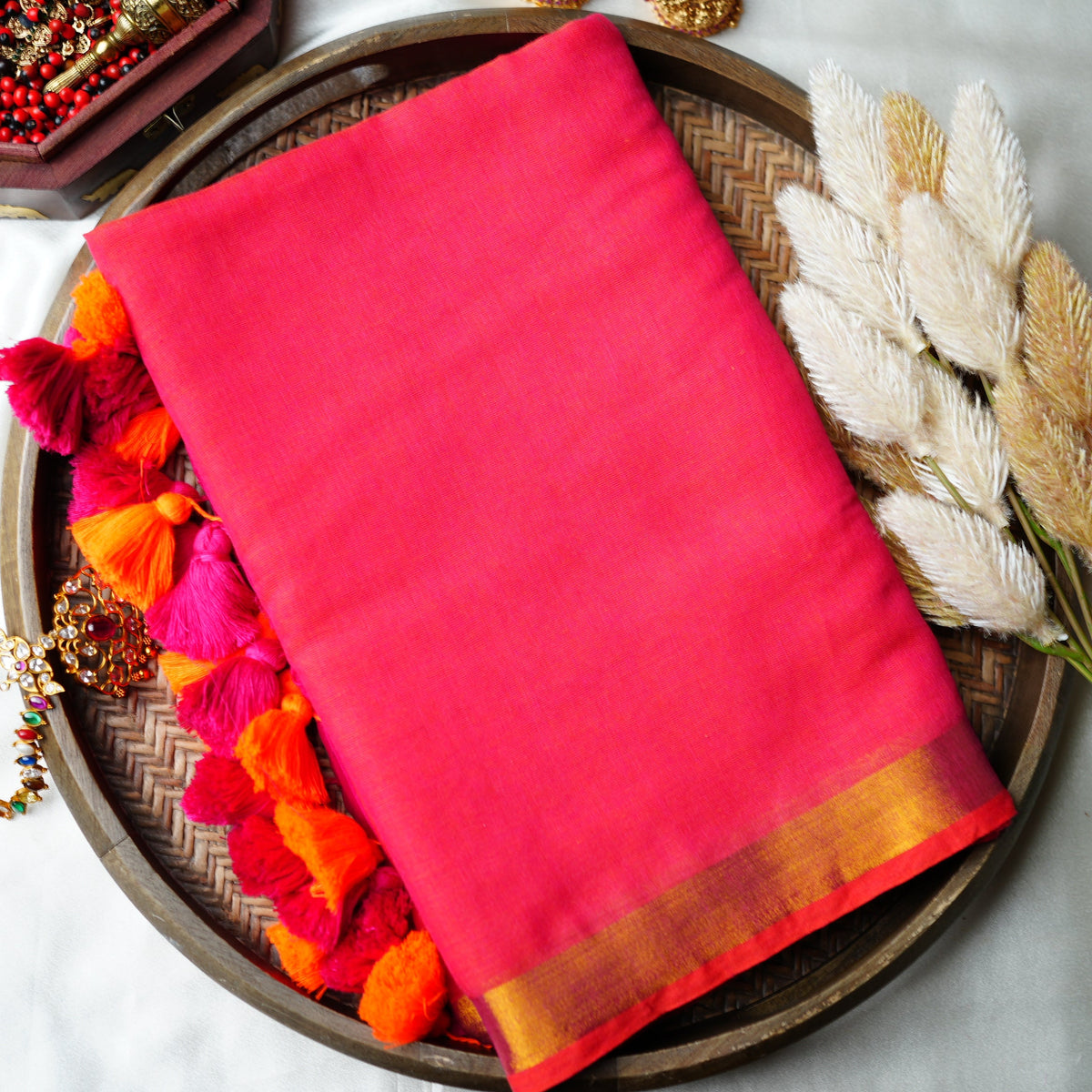 💕 Vibrant Coral Pink Pure Mul Cotton Saree with Gold Zari Border & Dual Tassels ✨🧡 - SAROYA