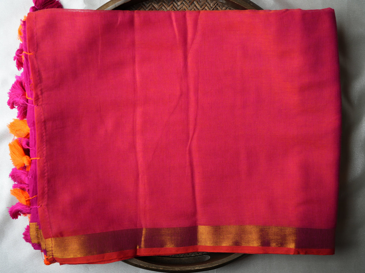💕 Vibrant Coral Pink Pure Mul Cotton Saree with Gold Zari Border & Dual Tassels ✨🧡 - SAROYA