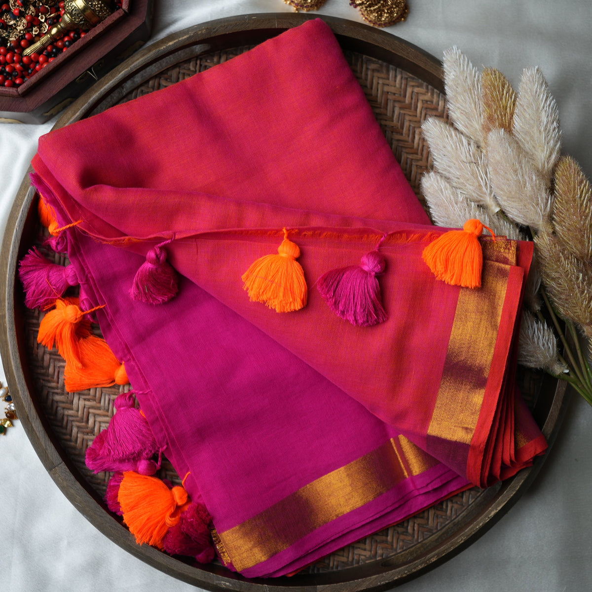 💕 Vibrant Coral Pink Pure Mul Cotton Saree with Gold Zari Border & Dual Tassels ✨🧡 - SAROYA