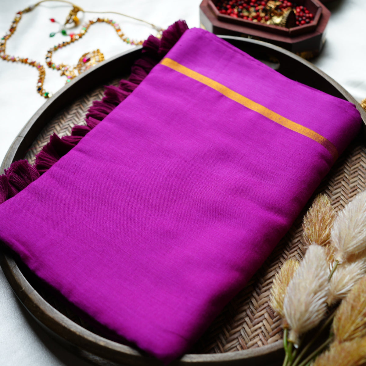 💖 Vibrant Magenta Pure Mul Cotton Saree with Golden Zari Border & Statement Tassels ✨🥻 - SAROYA