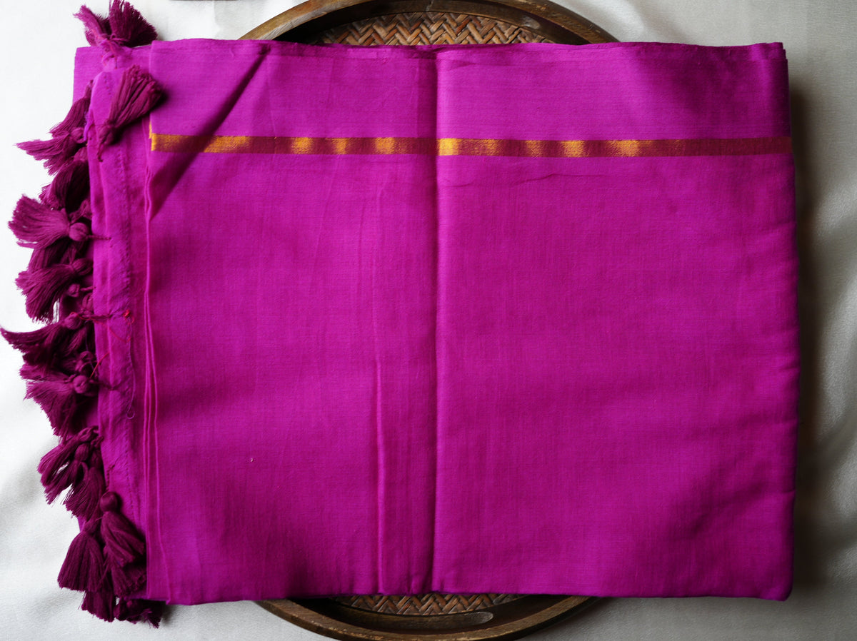 💖 Vibrant Magenta Pure Mul Cotton Saree with Golden Zari Border & Statement Tassels ✨🥻 - SAROYA