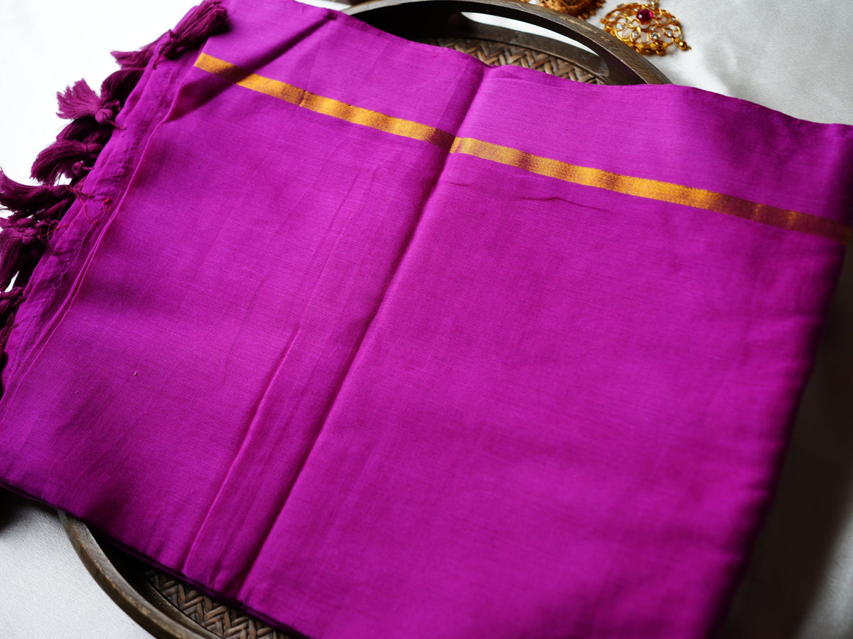 💖 Vibrant Magenta Pure Mul Cotton Saree with Golden Zari Border & Statement Tassels ✨🥻 - SAROYA