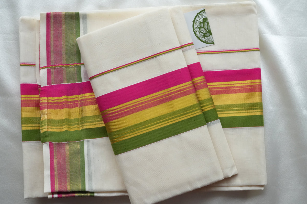 Vibrant Multi-Tone Kerala Set Mundu - SAROYA