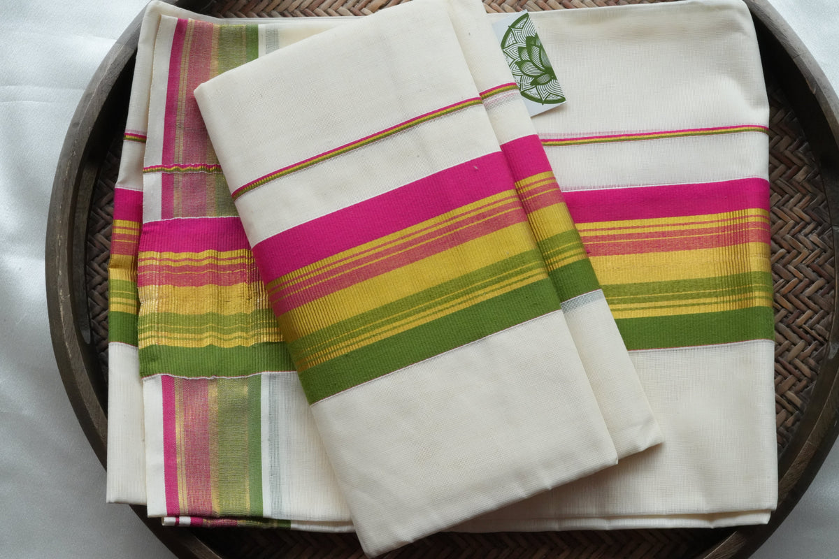Vibrant Multi-Tone Kerala Set Mundu - SAROYA