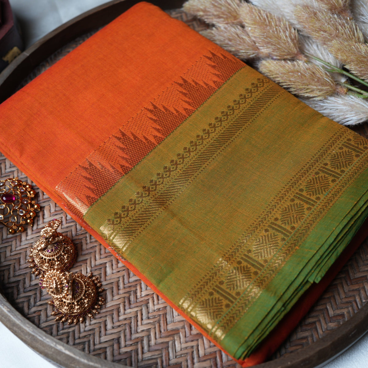 🍊 Vibrant Orange Kanchi Cotton Saree with Olive Green Korvai Temple Border ✨🌿 - SAROYA