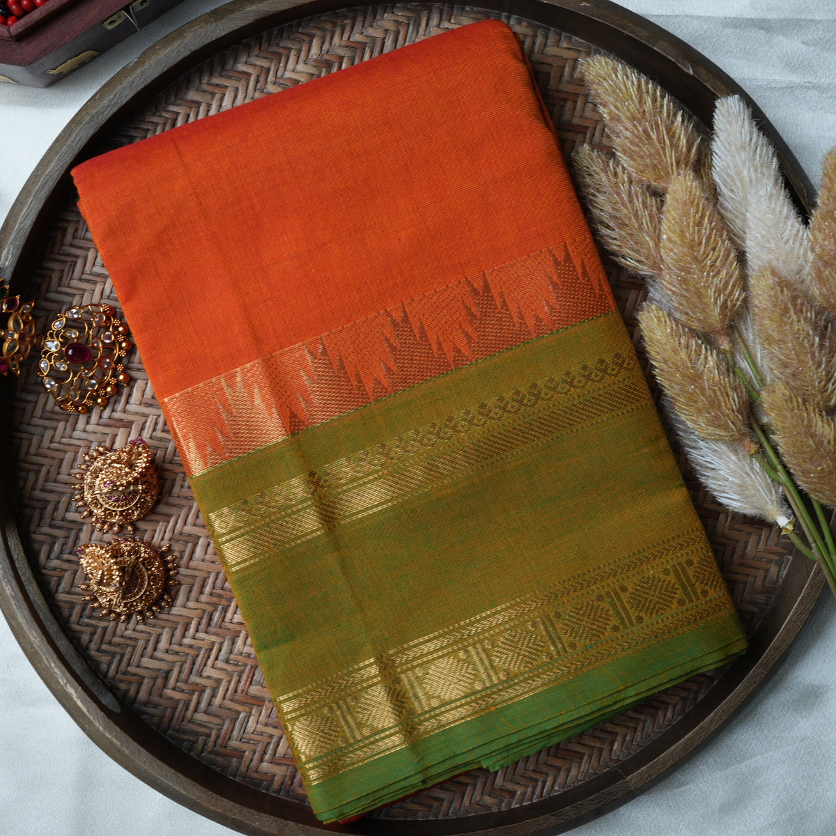 🍊 Vibrant Orange Kanchi Cotton Saree with Olive Green Korvai Temple Border ✨🌿 - SAROYA