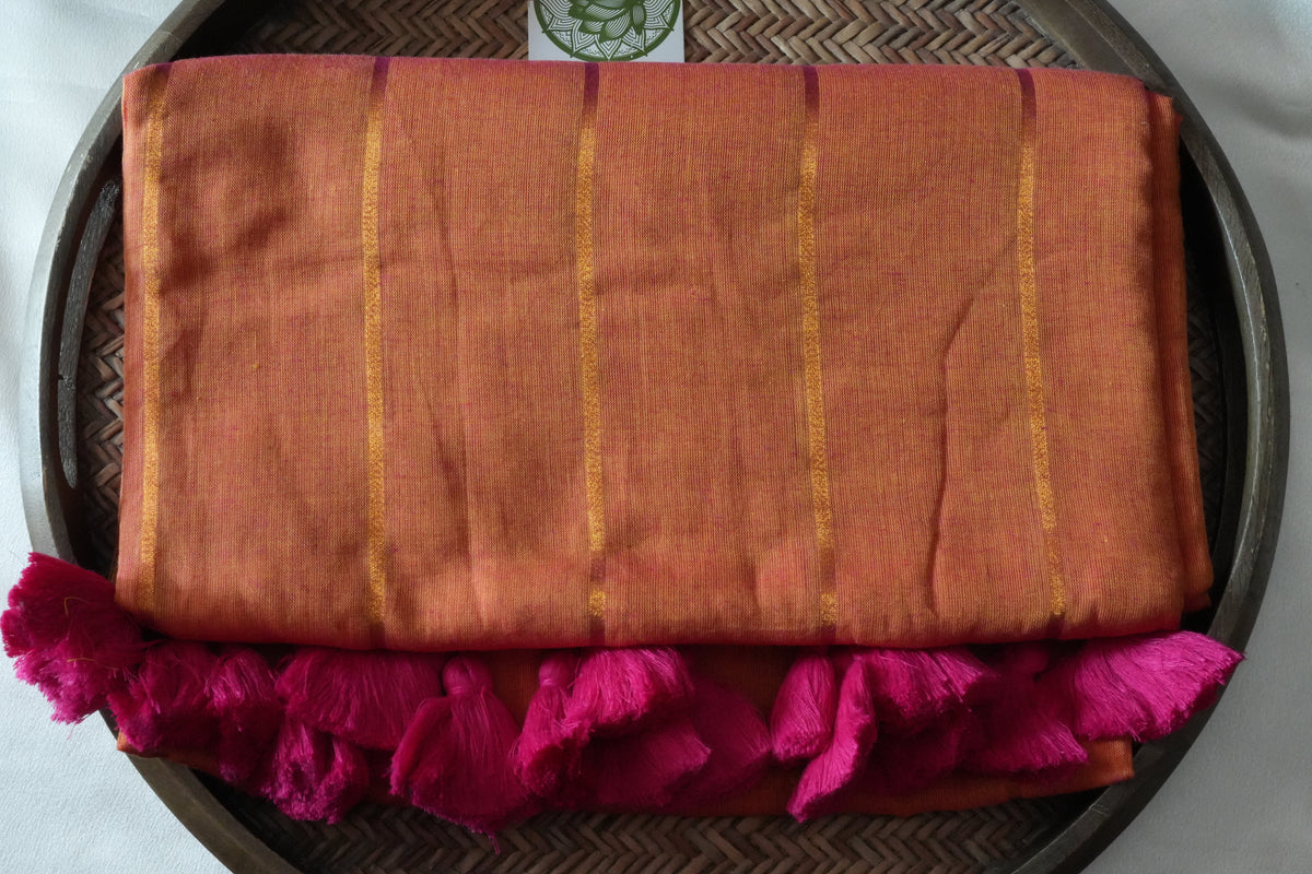 Vibrant Sunset Orange Mul Cotton Saree with Festive Tassels - SAROYA