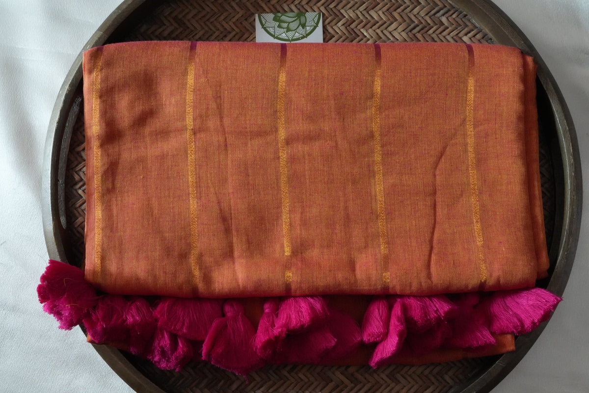 Vibrant Sunset Orange Mul Cotton Saree with Festive Tassels - SAROYA