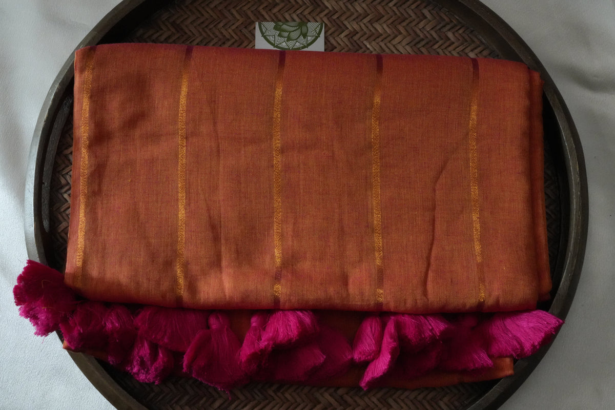 Vibrant Sunset Orange Mul Cotton Saree with Festive Tassels - SAROYA