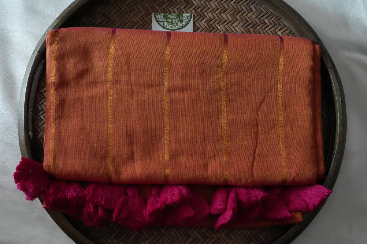 Vibrant Sunset Orange Mul Cotton Saree with Festive Tassels - SAROYA
