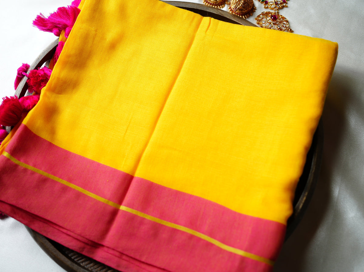 💛 Vibrant Sunshine Yellow Pure Mul Cotton Saree with Rani Pink Border & Tassels ✨🩷 - SAROYA