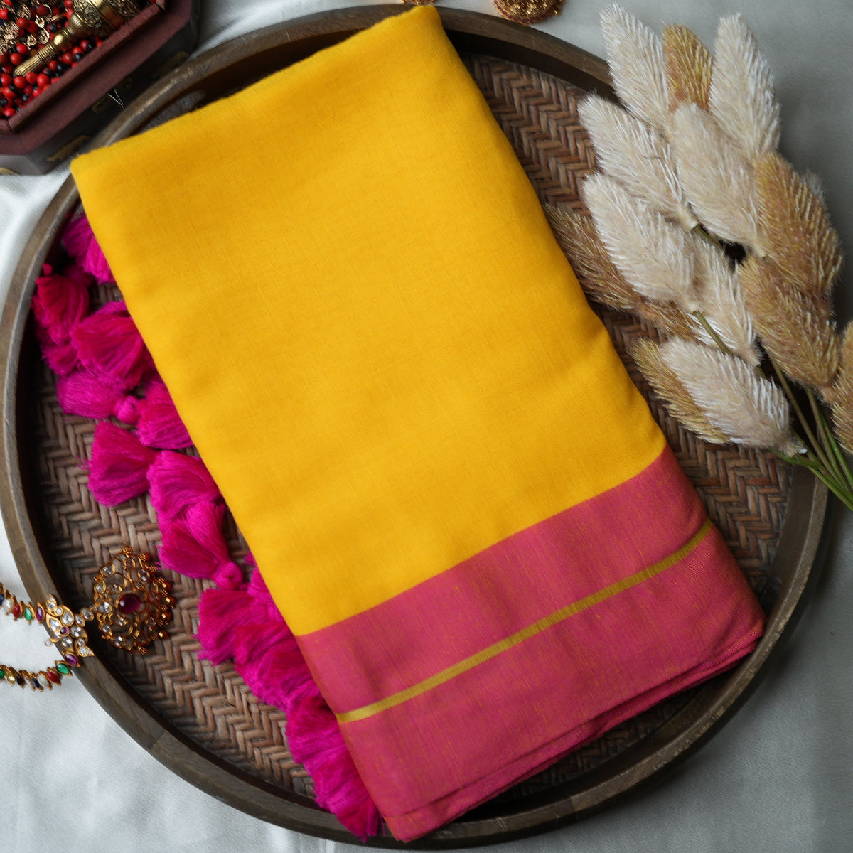 💛 Vibrant Sunshine Yellow Pure Mul Cotton Saree with Rani Pink Border & Tassels ✨🩷 - SAROYA