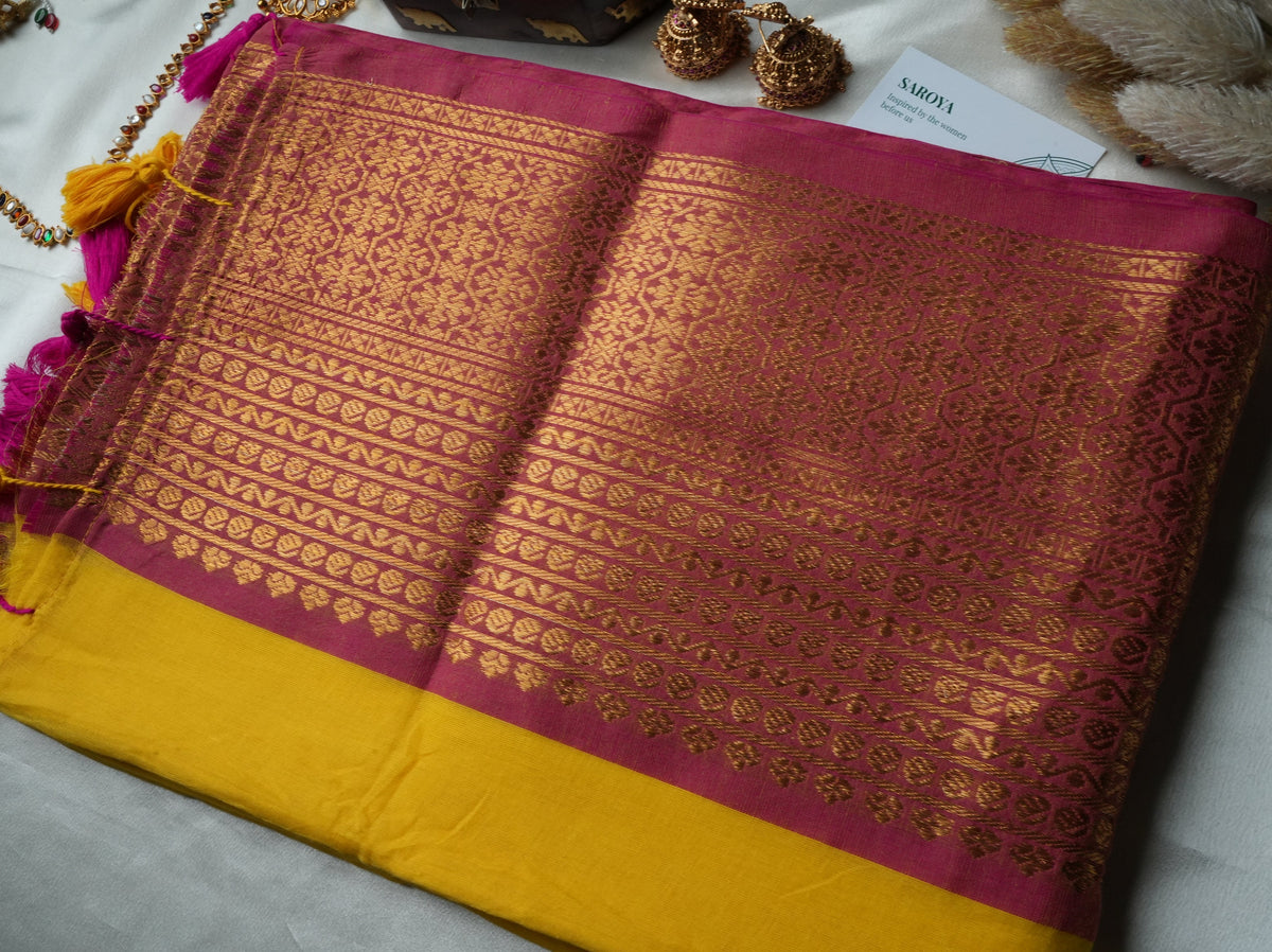 ☀️ Vibrant Sunshine Yellow & Rani Pink Premium Mul Cotton Saree | Rich Gold Zari Pallu by Saroya ✨🥻💛 - SAROYA