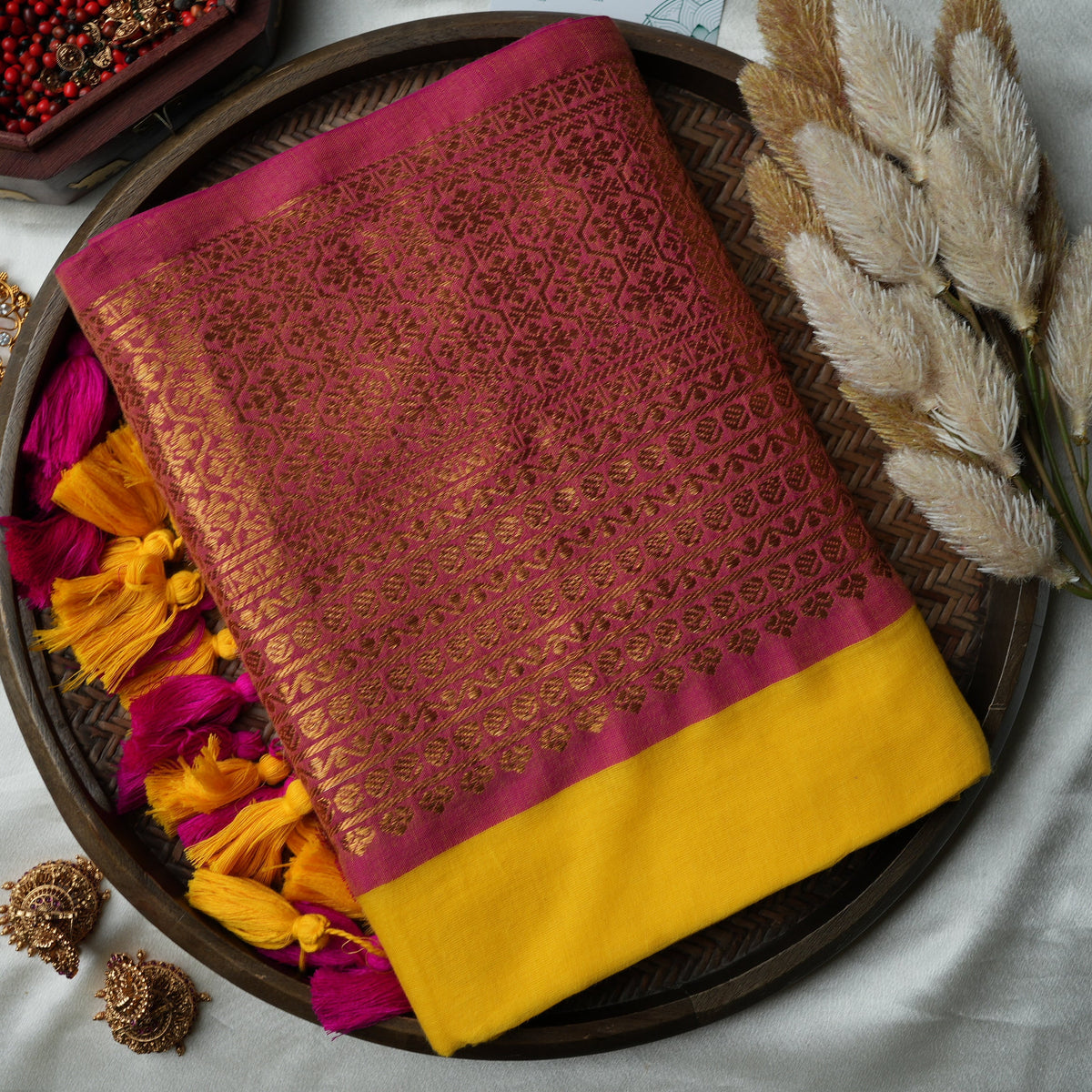 ☀️ Vibrant Sunshine Yellow & Rani Pink Premium Mul Cotton Saree | Rich Gold Zari Pallu by Saroya ✨🥻💛 - SAROYA