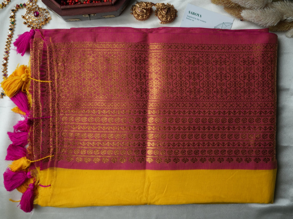 ☀️ Vibrant Sunshine Yellow & Rani Pink Premium Mul Cotton Saree | Rich Gold Zari Pallu by Saroya ✨🥻💛 - SAROYA