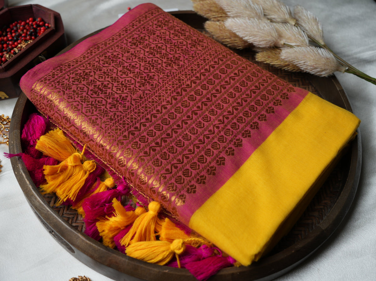☀️ Vibrant Sunshine Yellow & Rani Pink Premium Mul Cotton Saree | Rich Gold Zari Pallu by Saroya ✨🥻💛 - SAROYA
