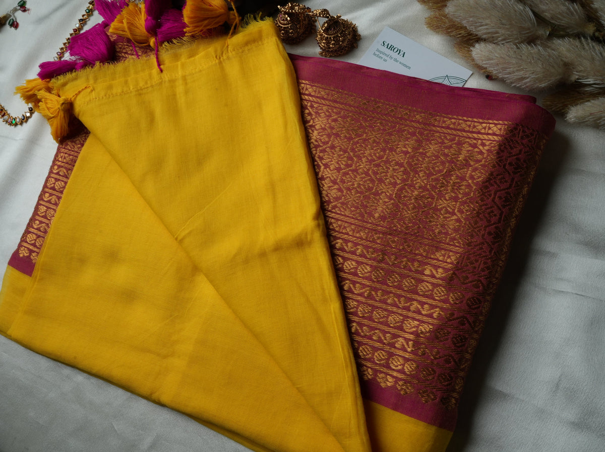 ☀️ Vibrant Sunshine Yellow & Rani Pink Premium Mul Cotton Saree | Rich Gold Zari Pallu by Saroya ✨🥻💛 - SAROYA