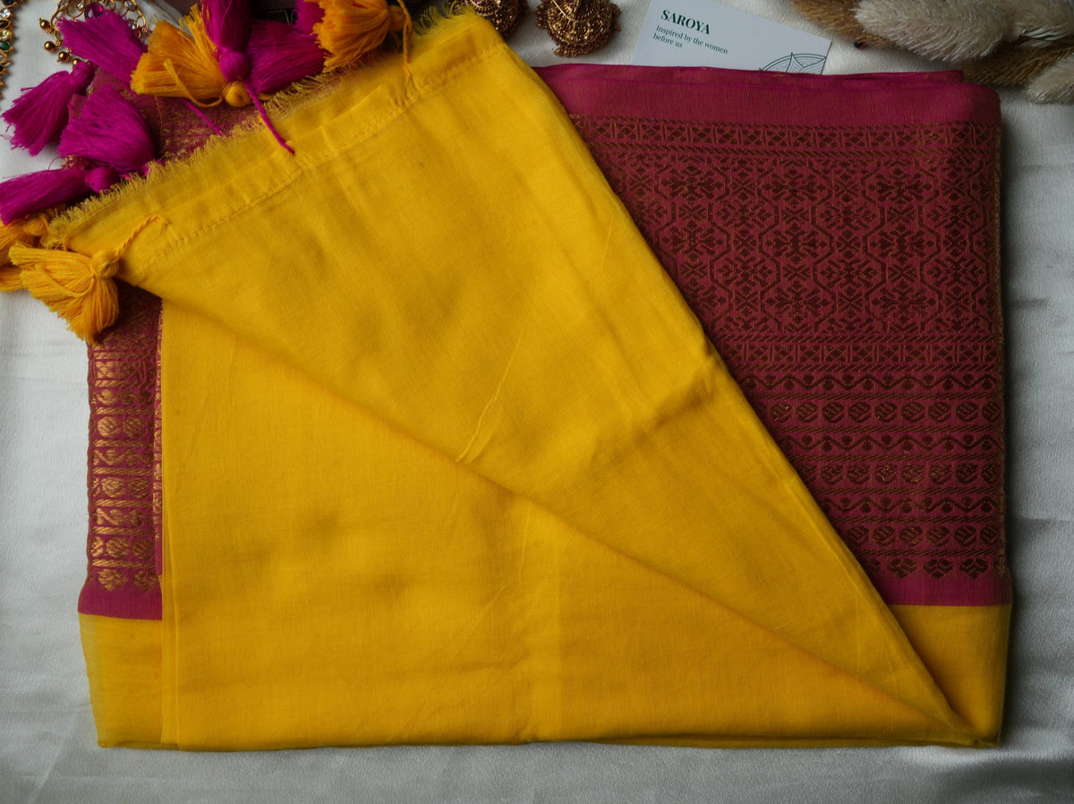 ☀️ Vibrant Sunshine Yellow & Rani Pink Premium Mul Cotton Saree | Rich Gold Zari Pallu by Saroya ✨🥻💛 - SAROYA