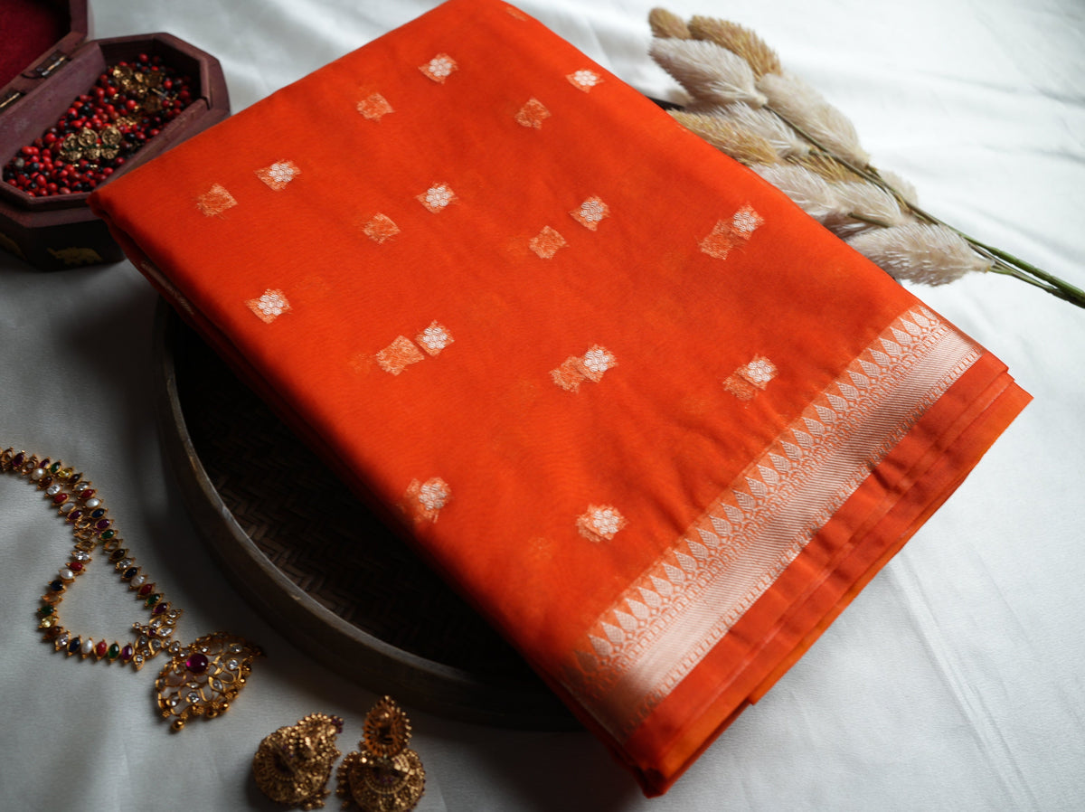 🍊 Vibrant Tangerine Orange Banarasi Kora Organza Saree ✨💫 - SAROYA