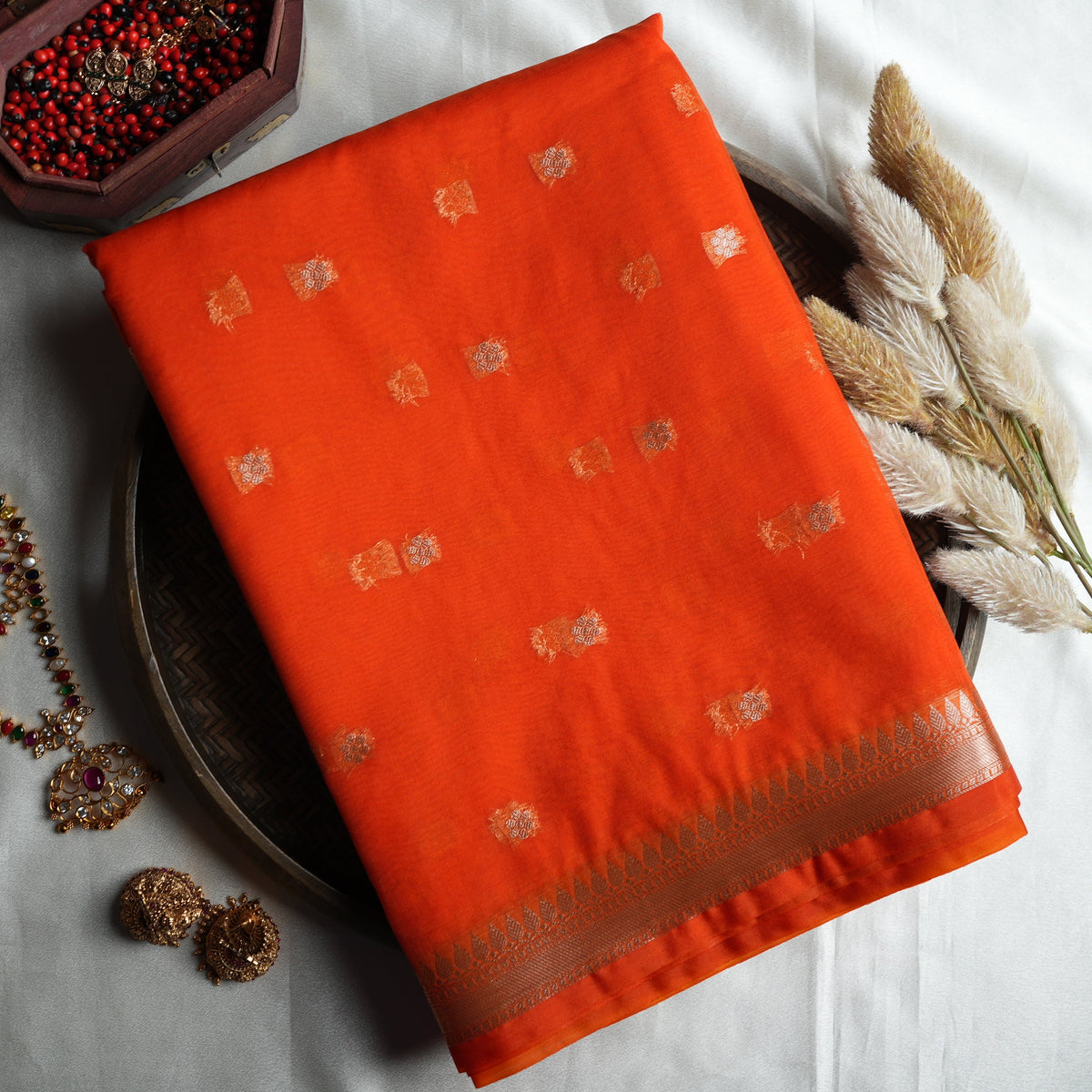 🍊 Vibrant Tangerine Orange Banarasi Kora Organza Saree ✨💫 - SAROYA