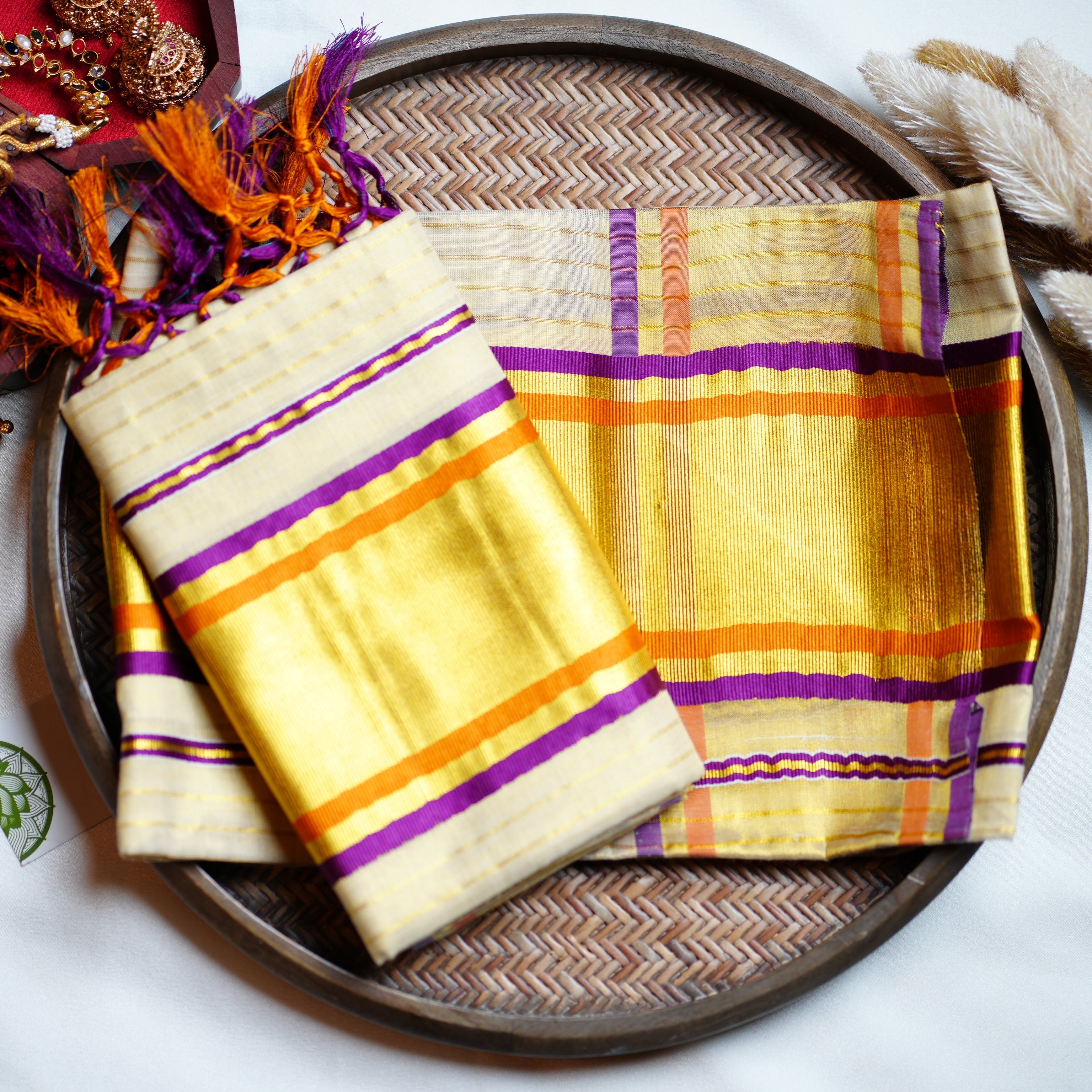 💜 Vibrant Violet & Sunset Orange: The Premium Tissue Kerala Set Mundu 🧡 - SAROYA
