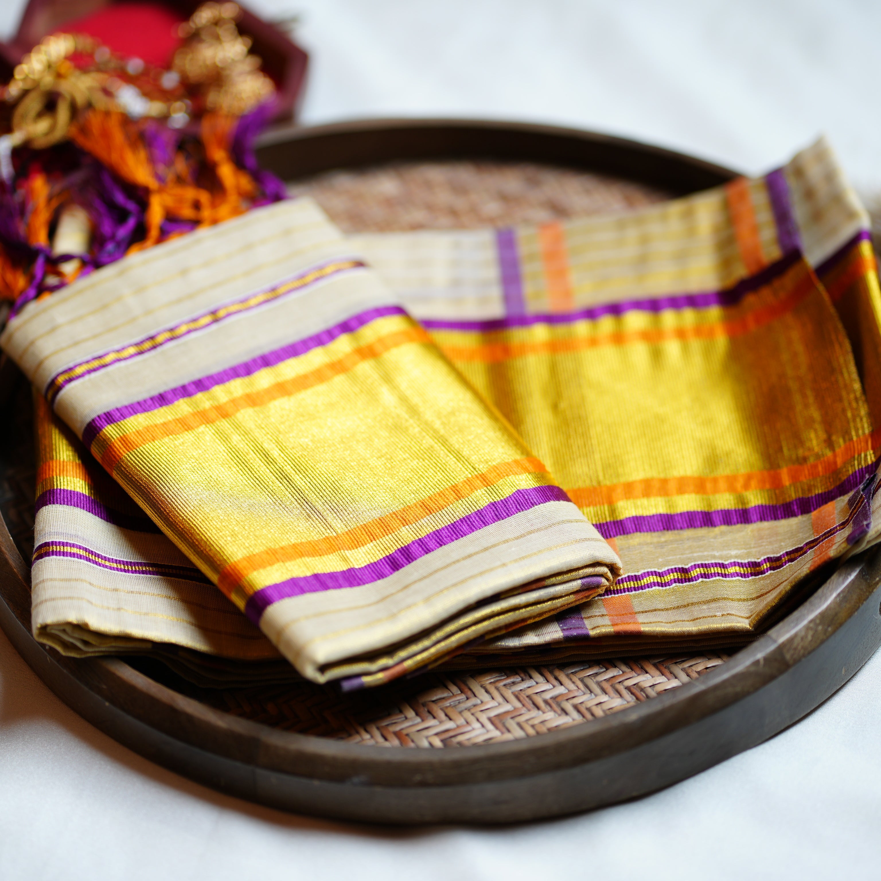 💜 Vibrant Violet & Sunset Orange: The Premium Tissue Kerala Set Mundu 🧡 - SAROYA