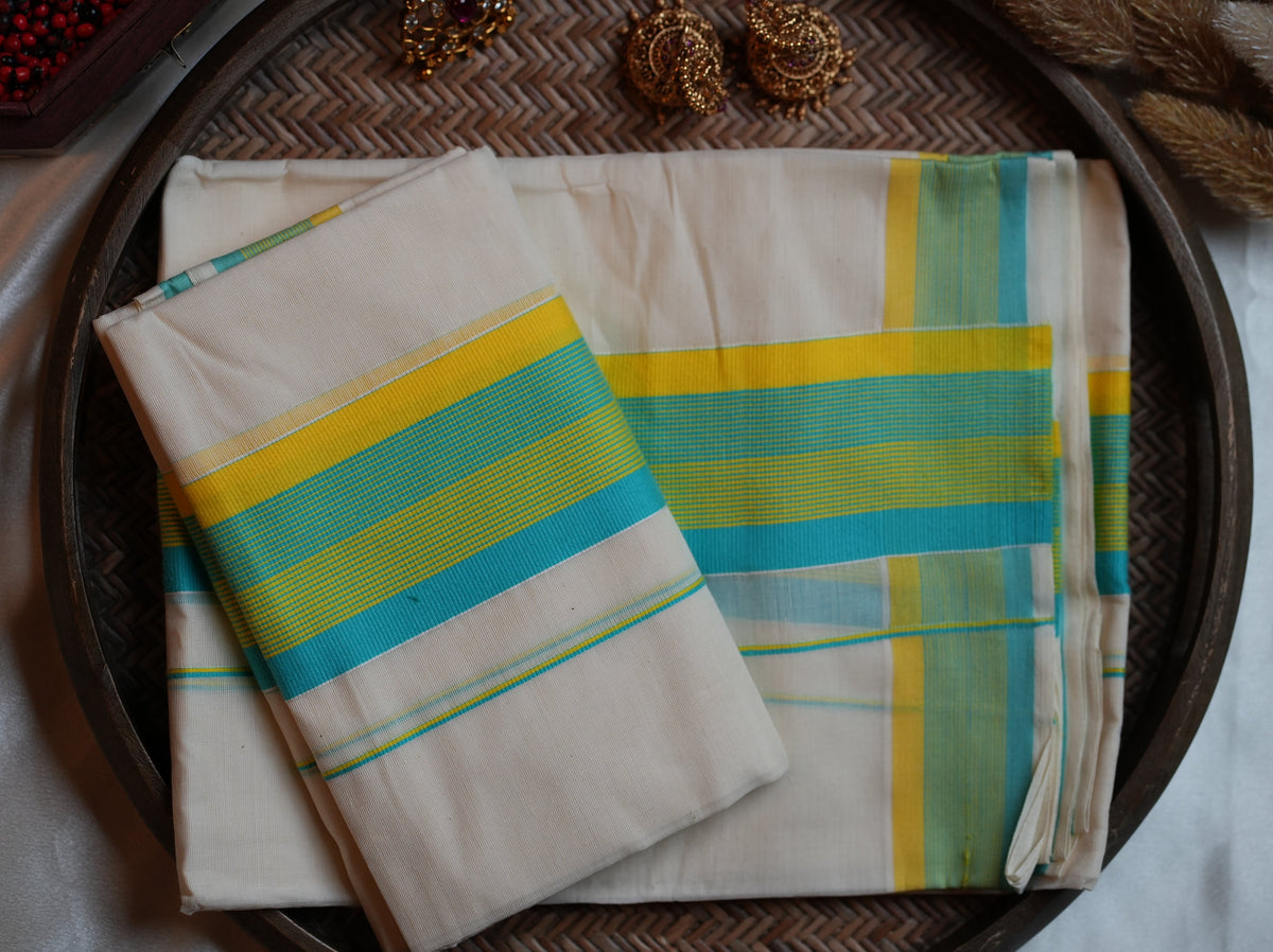 💛 Vibrant Yellow-Turquoise Striped Border Cotton Kerala Single Set Mundu & Motif Accent Blouse Piece ✨ - SAROYA