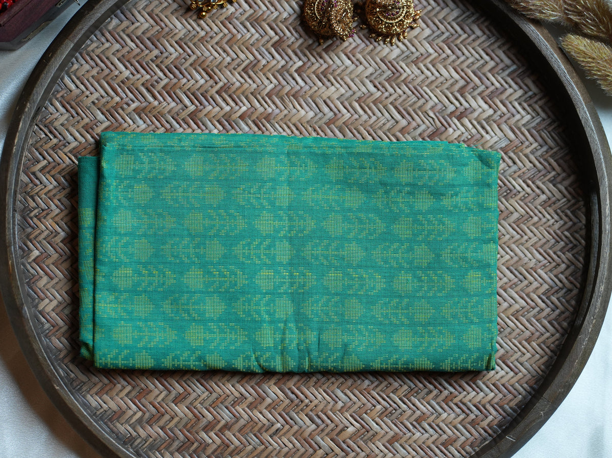 💛 Vibrant Yellow-Turquoise Striped Border Cotton Kerala Single Set Mundu & Motif Accent Blouse Piece ✨ - SAROYA