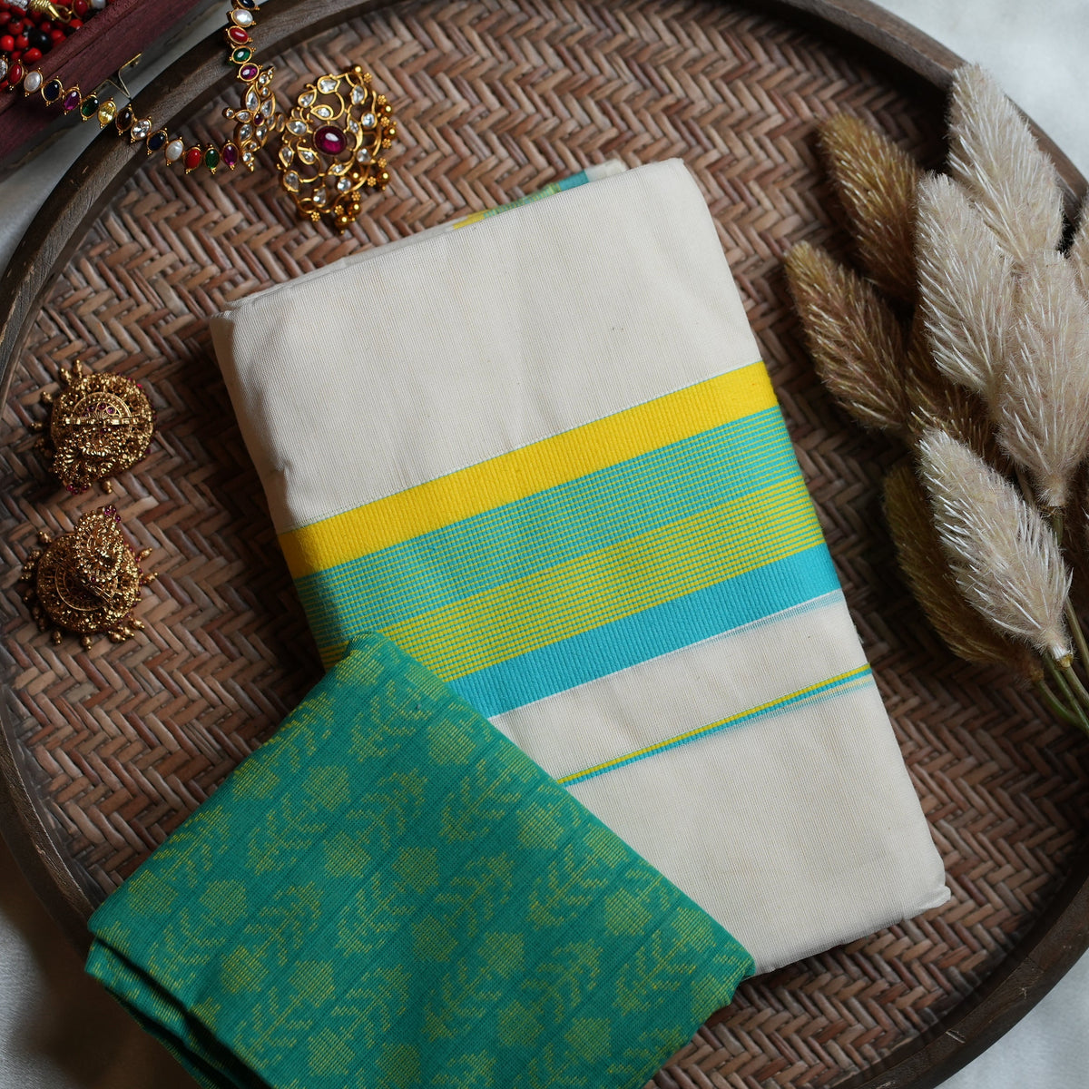 💛 Vibrant Yellow-Turquoise Striped Border Cotton Kerala Single Set Mundu & Motif Accent Blouse Piece ✨ - SAROYA