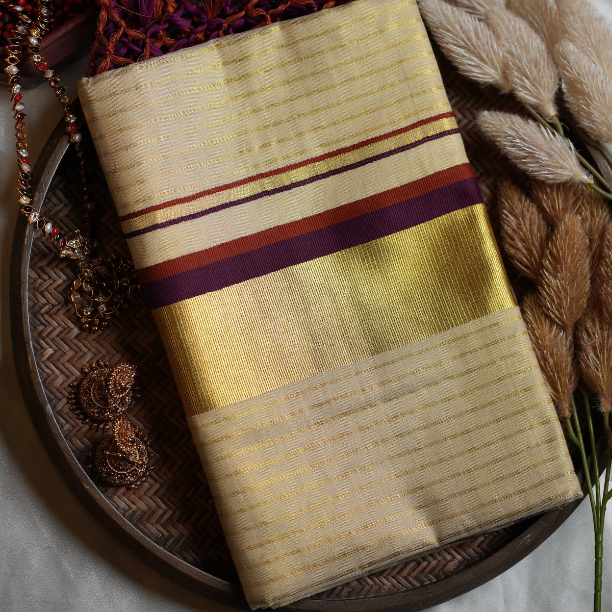 🍇 Wine, Rust & Gold Horizontal Striped Border: Premium Tissue Kerala Saree ✨ - SAROYA