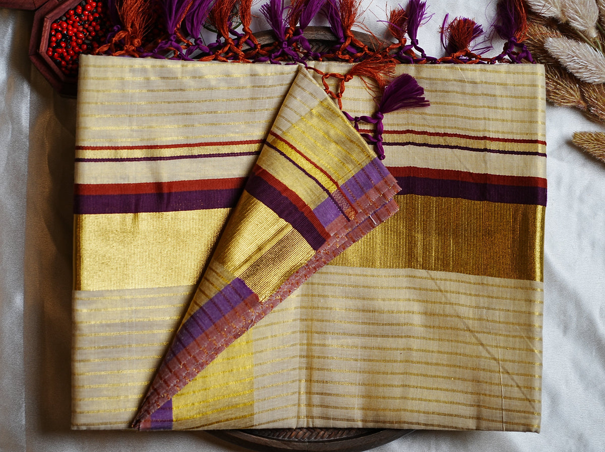 🍇 Wine, Rust & Gold Horizontal Striped Border: Premium Tissue Kerala Saree ✨ - SAROYA