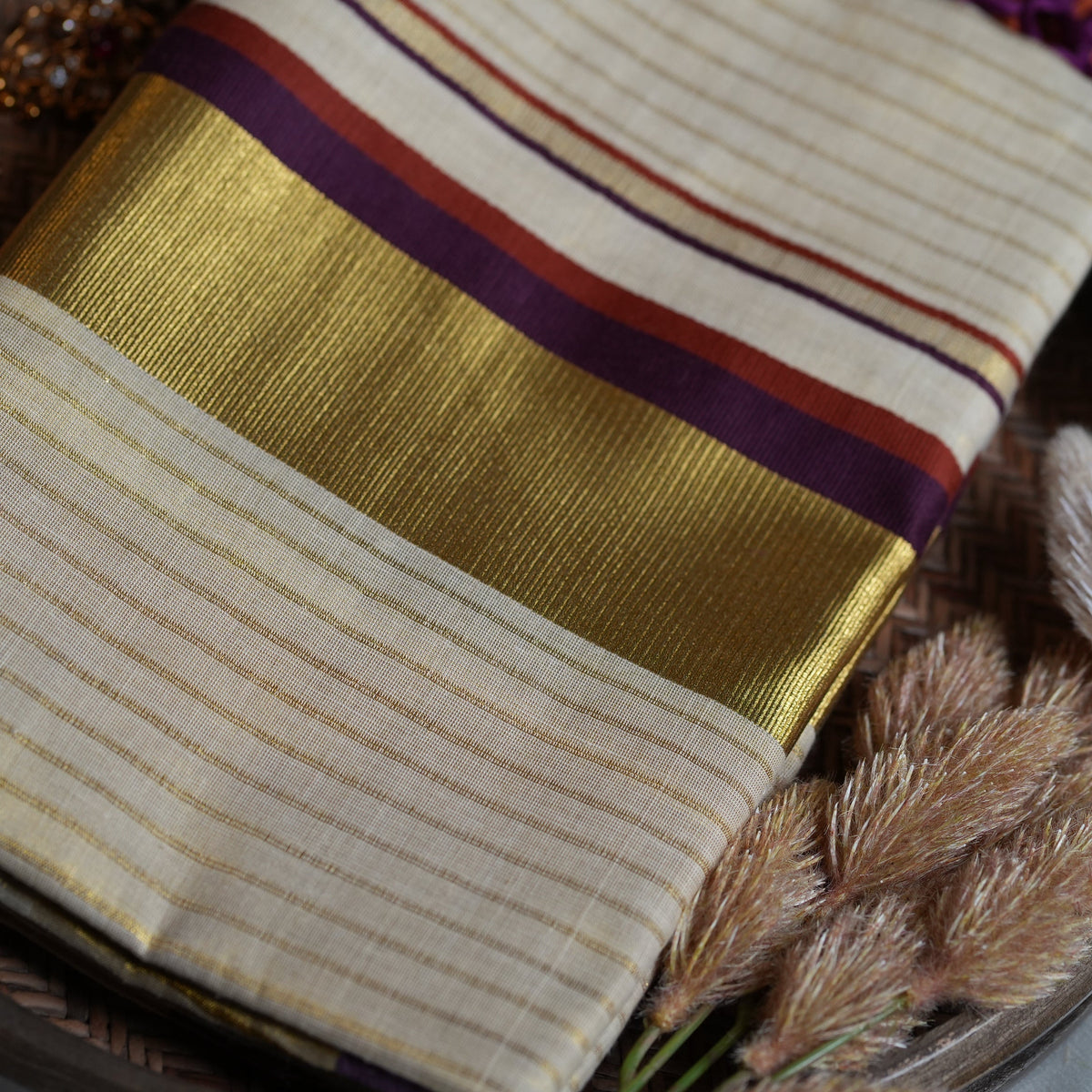 🍇 Wine, Rust & Gold Horizontal Striped Border: Premium Tissue Kerala Saree ✨ - SAROYA