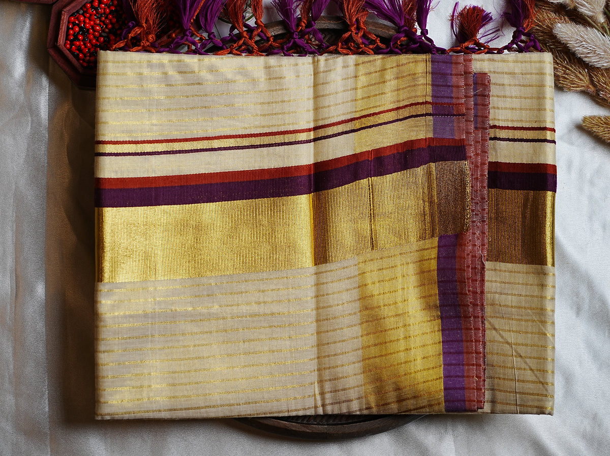 🍇 Wine, Rust & Gold Horizontal Striped Border: Premium Tissue Kerala Saree ✨ - SAROYA